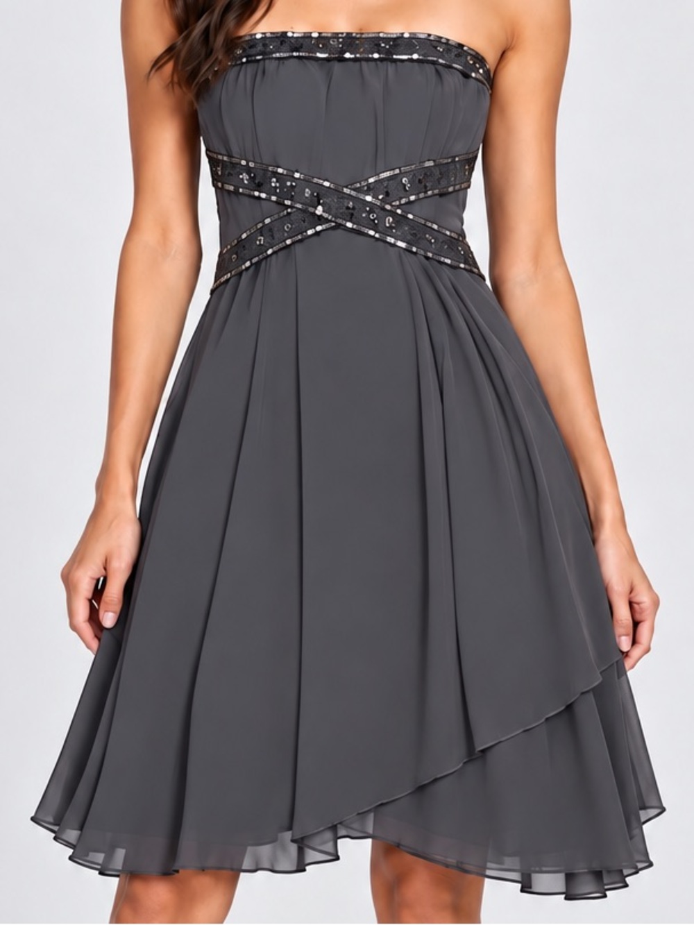 Trixxi Gray Silver Strapless Sleeveless Tube Sequin Sparkle A-Line Flowy Dress M